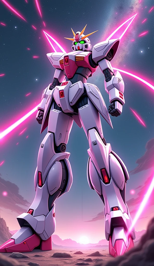 anime, Giant Robot, Dynamic full-body image of a white and pink female super robot emitting lasers in battle Simple Background,universe,