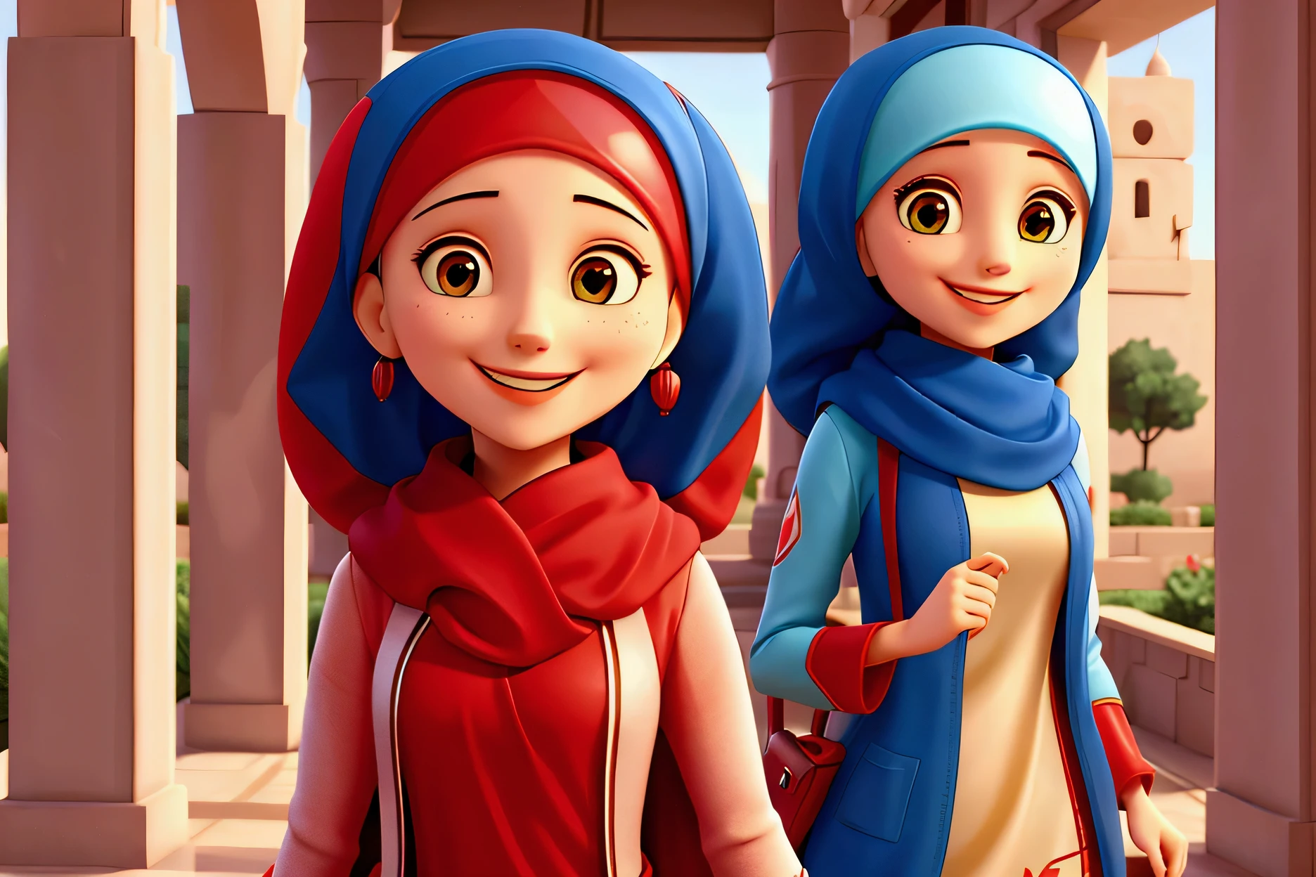 outside, beautiful smiling lady Red hijab and blue hijab coming back from shopping 