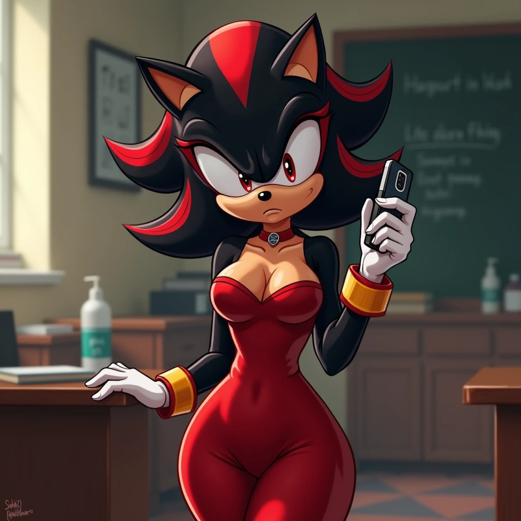 Sonic the Hedgehog Style Image, Shadow the Hedgehog feminina, Female Shadow, chalkboard, wearing a tight red dress with a sweetheart neckline and using her cell phone, With Boredom Expression, inside a house