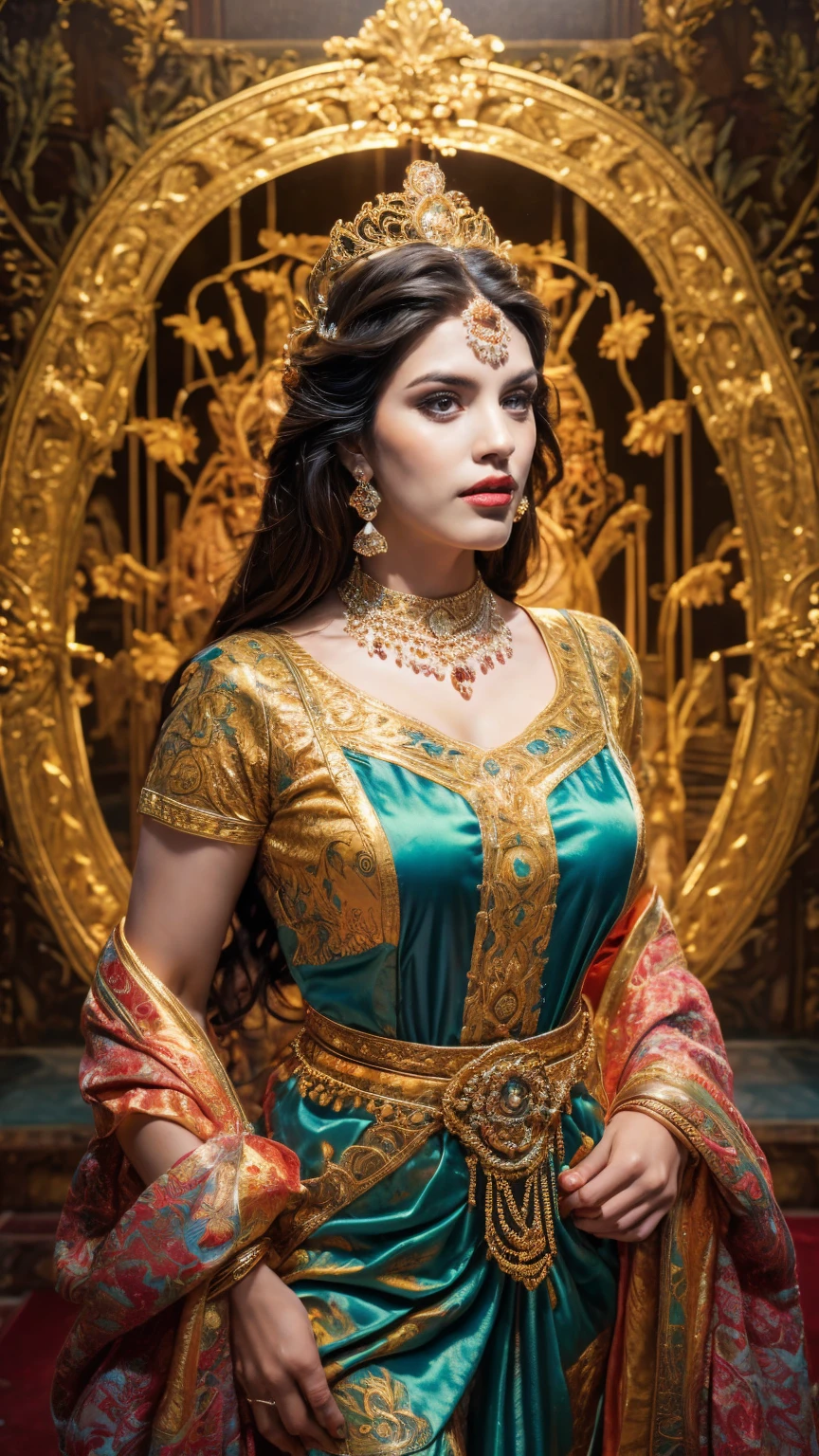 ((Best quality, 8k, Masterpiece :1.3)), Sharp focus :1.2, Generate a realistic image of a beautiful sexy Indian woman plus size body: 8.5 (masterpiece like a princess) (body like divine girl) dressed divine clothes carnation skirt and print v neck plus size giant blouse + belt, adorned with traditional ornaments, standing in a well-lit room with cinematic lighting. ((Front view, random elegant pose)), and there is a sense of grace and elegance in her posture. The background should complement the scene, enhancing the overall aesthetic appeal of the image. Photography by Brandon Woelfel, Full shot: Canon EF 16-35mm f/2.8L III USM lens on a Canon EOS 5D Mark IV camera, ultra realistic, 32k, HD