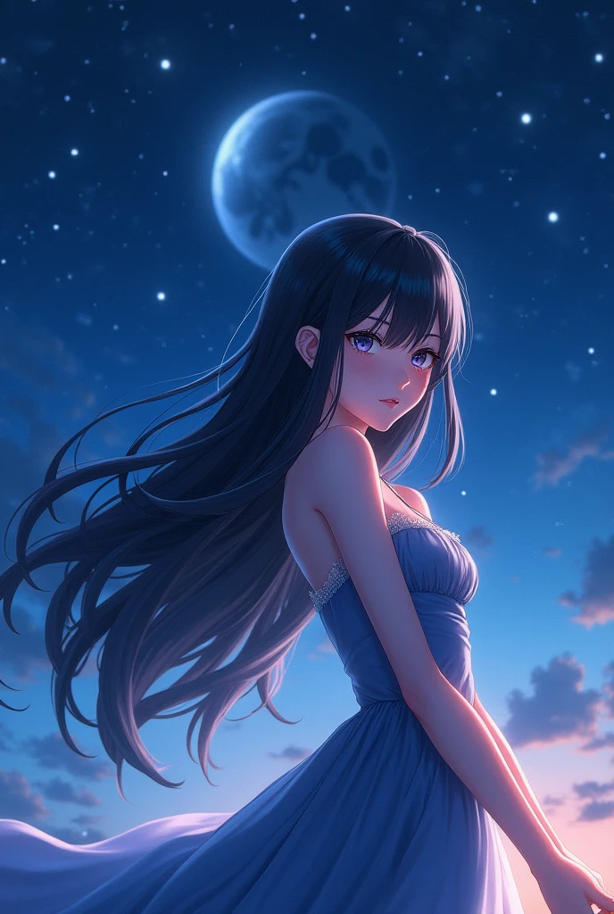 A beautiful anime girl standing under a starry night sky, long flowing hair, elegant dress, serene expression, moonlight shining on her face, (best quality,4k,8k,highres,masterpiece:1.2),ultra-detailed,(realistic,photorealistic,photo-realistic:1.37),extremely detailed eyes and face,longeyelashes,1girl,fantasy,night sky,stars,moonlight,detailed background,vibrant colors,cinematic lighting, black hairs