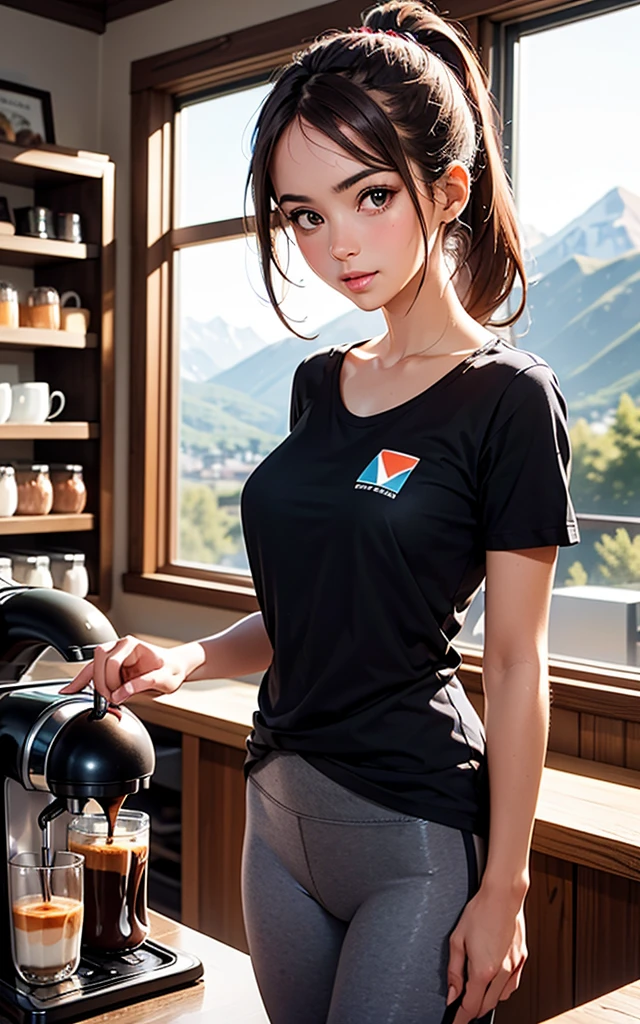 (best quality), perfect image, masterpiece,barista, yoga pants, brown hair, black tshirt with made up company logo across the chest, working at a locally owned coffee shop, working behind the counter with your cute coworker, ponytail, large window in background, medium sized breasts, a beautiful mountain range is visable through the window, looking at viewer, deep u neck shirt,