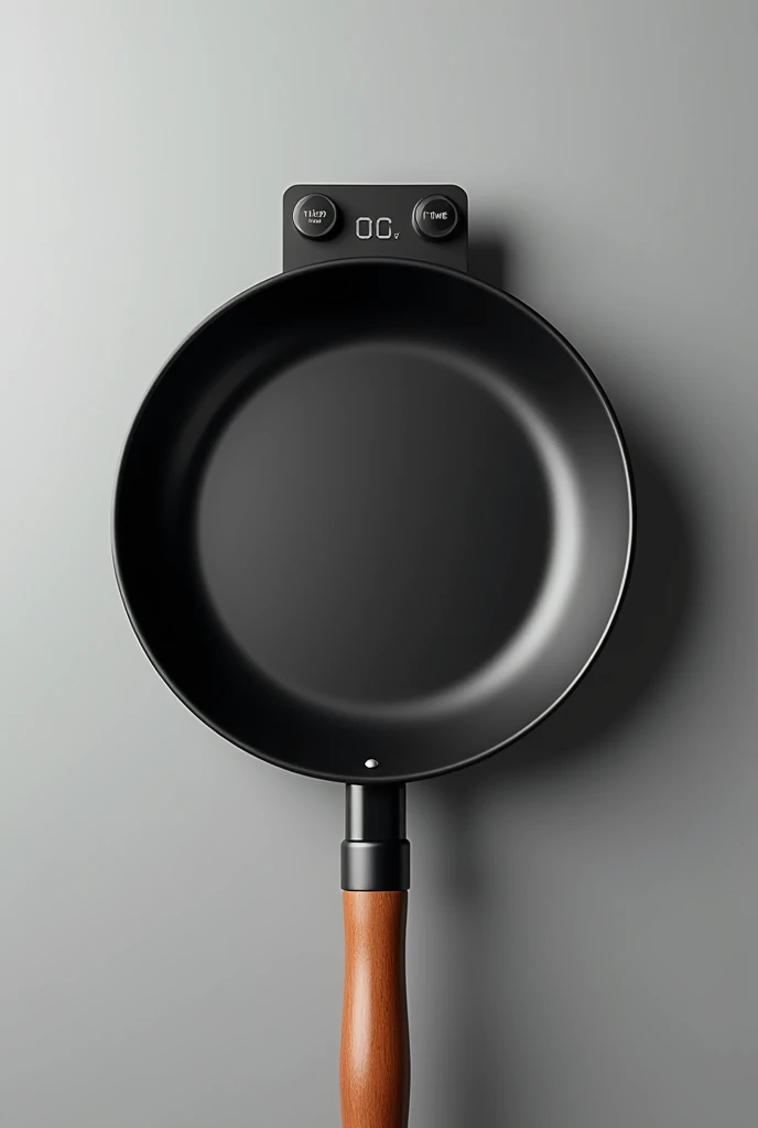 a digital frying pan that has a temperature knob and a time knob on a wooden handle, on a gray background

