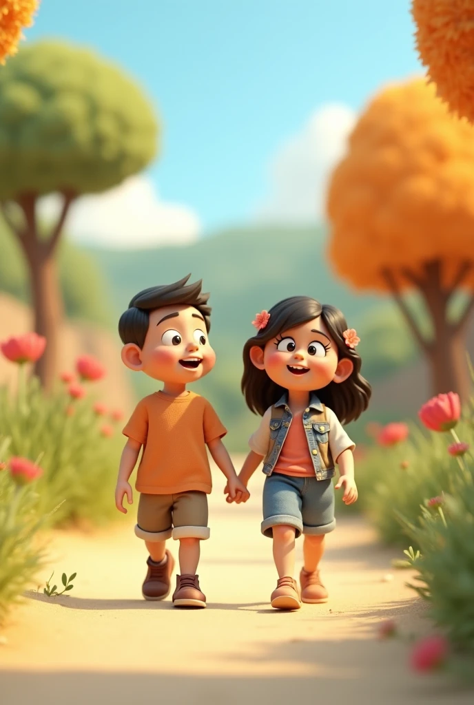 3d Young boy and girl walking