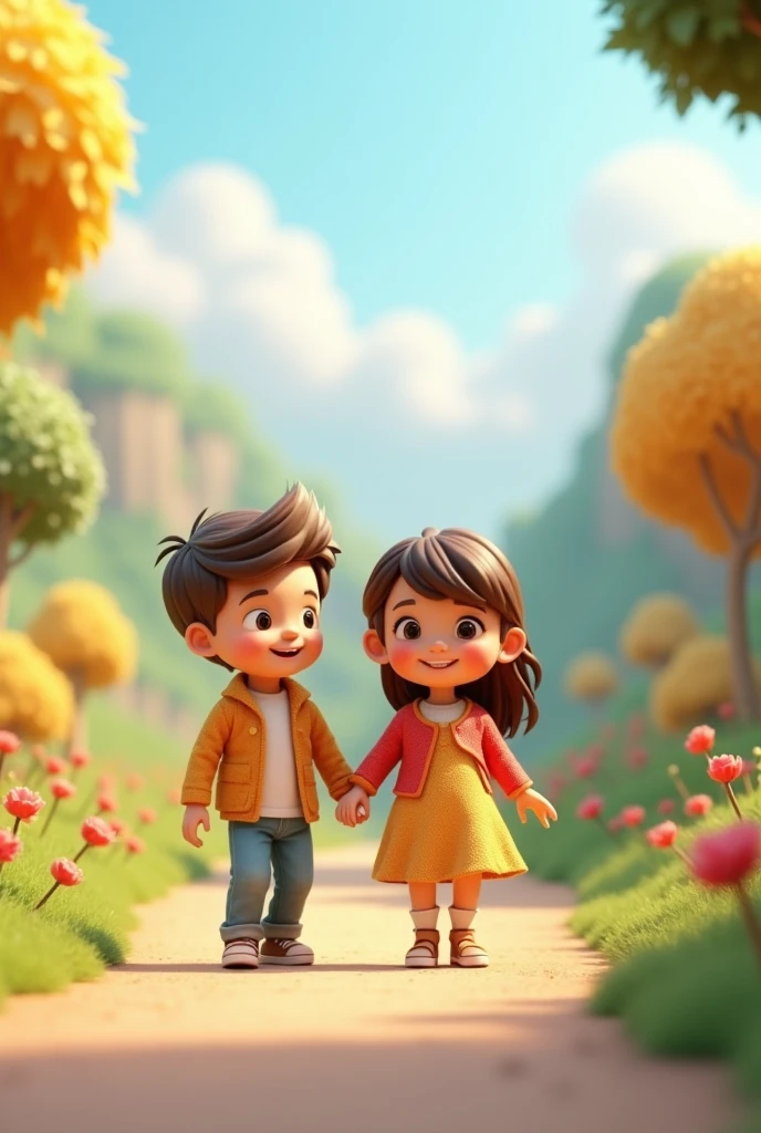 3d Young boy and girl walking  