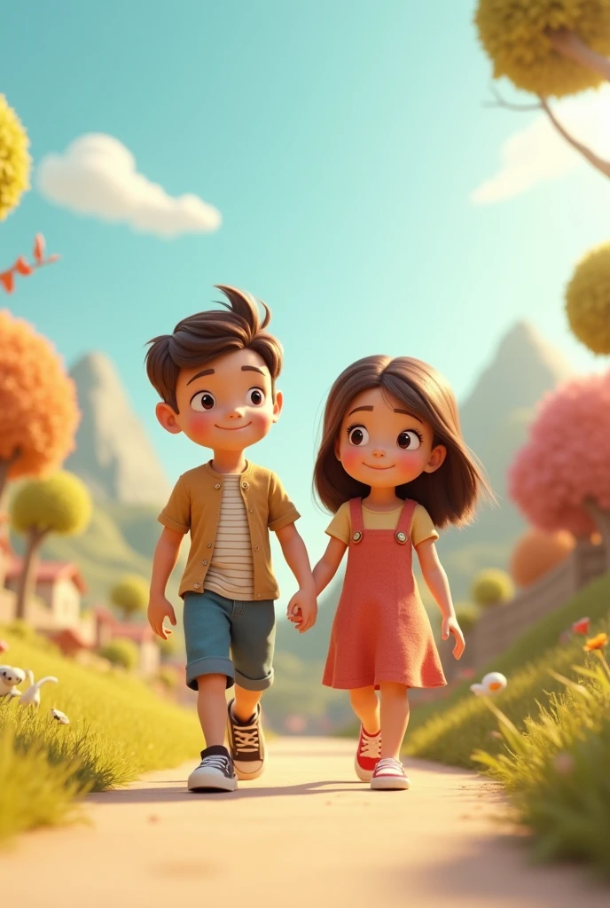 3d Young boy and girl walking