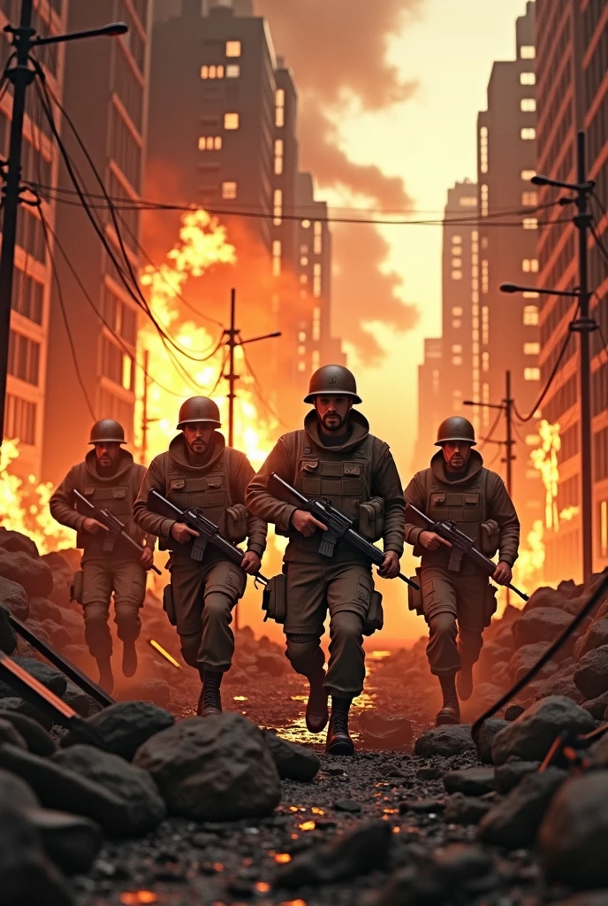 Four soldiers leaving a burning city