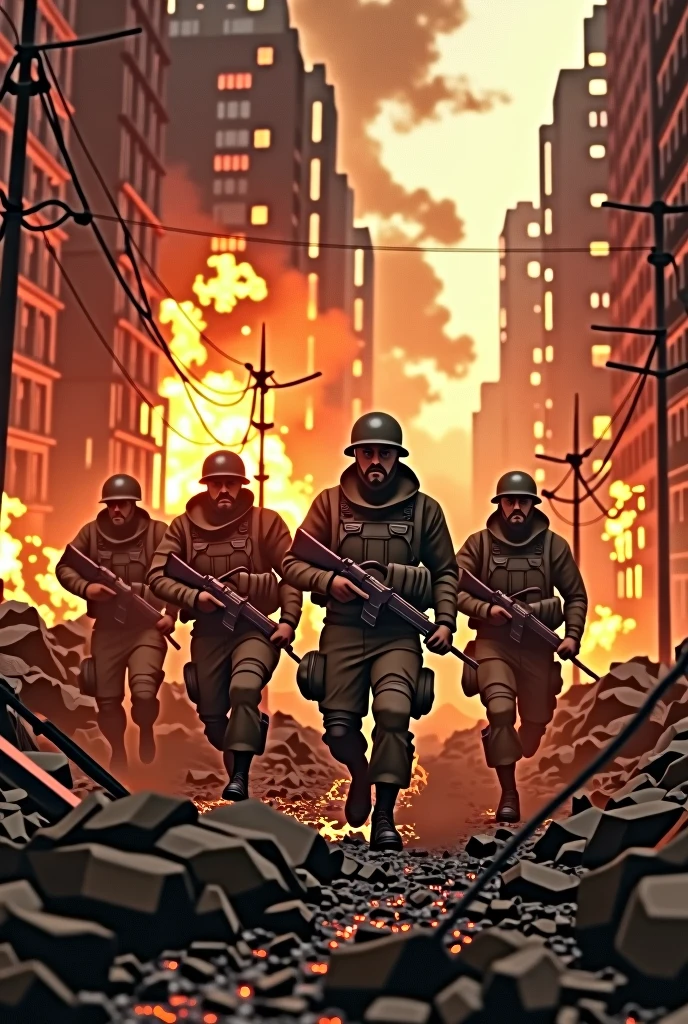 Four soldiers leaving a burning city 