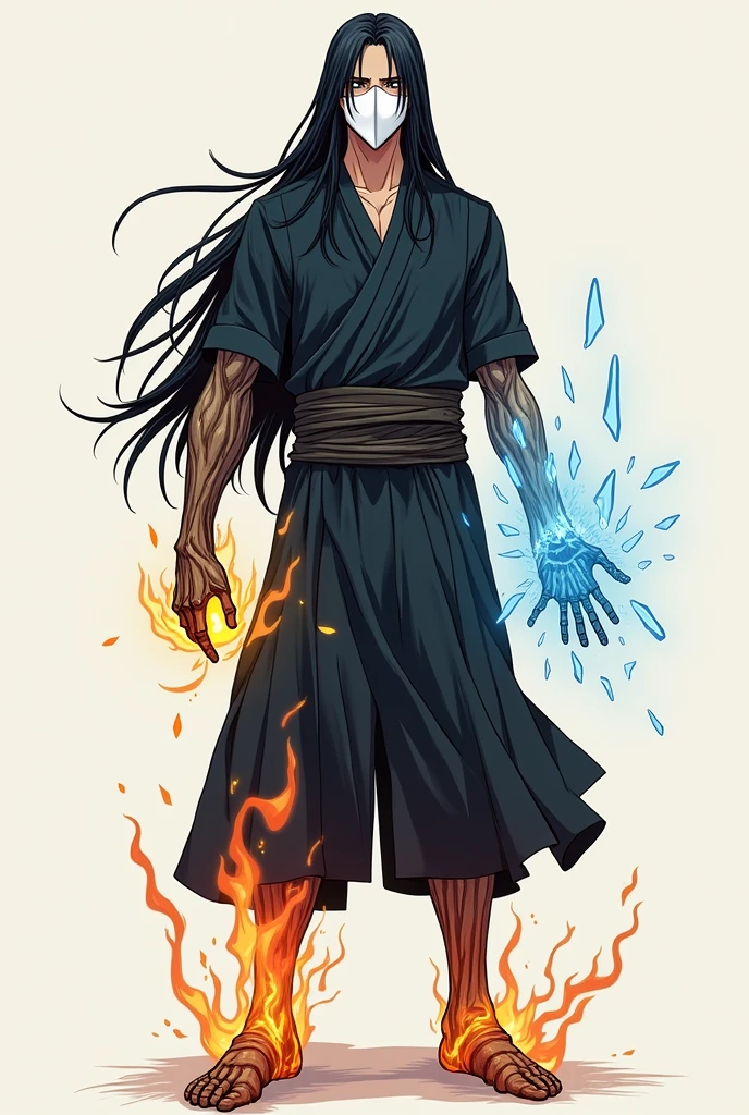 anime, 1 human man only, long black hair, standing, right wooden hand, left ice hand, right fire foot, left skeleton foot, white mask