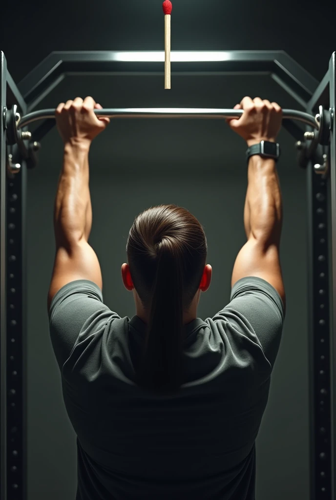 (photorealism:1.2), man in grey shirt, short hair on the side, Long hair, smooth and backwards, with a match in the middle above, doing chest pulley exercise, with downward inclination, in gym, looking down.