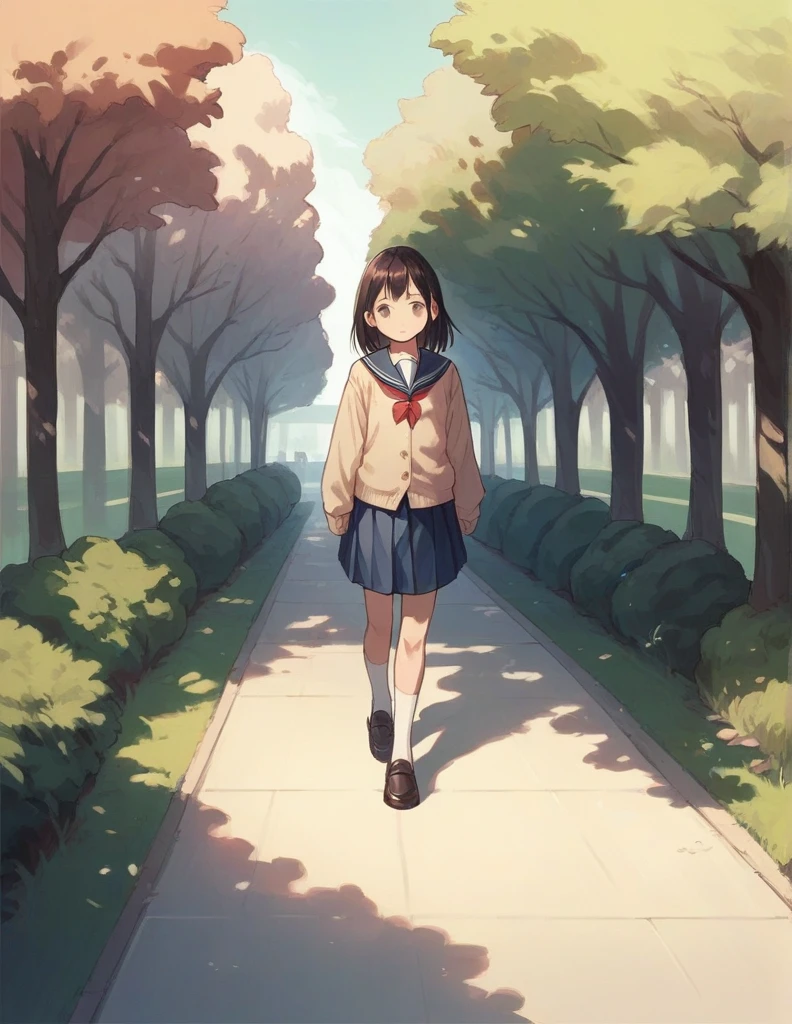 1 girl, school uniform, serafuku, cardigan, sleeves past wrists, shoes, looking at viewers, walking, park