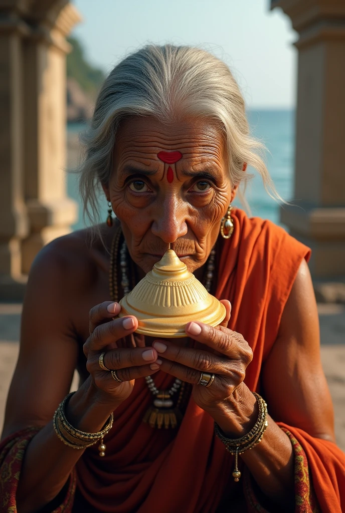 An old woman sucking a shankh with both hands