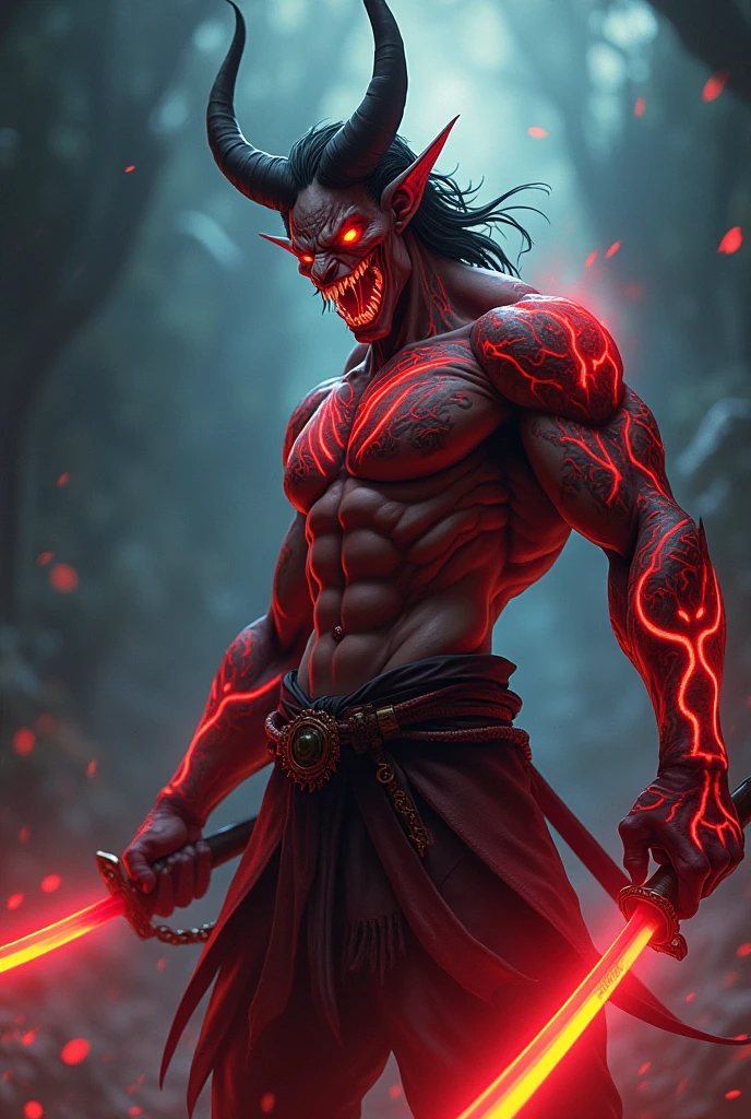 A detailed, demonic anime character with piercing red eyes, sharp fangs, and intricate tattoos covering their muscular body, wielding a glowing katana blade, amidst a dark, moody background with swirling shadows and ominous lighting, dramatic cinematic composition, vibrant colors, hyper-detailed 8K rendering, digital art, concept art style