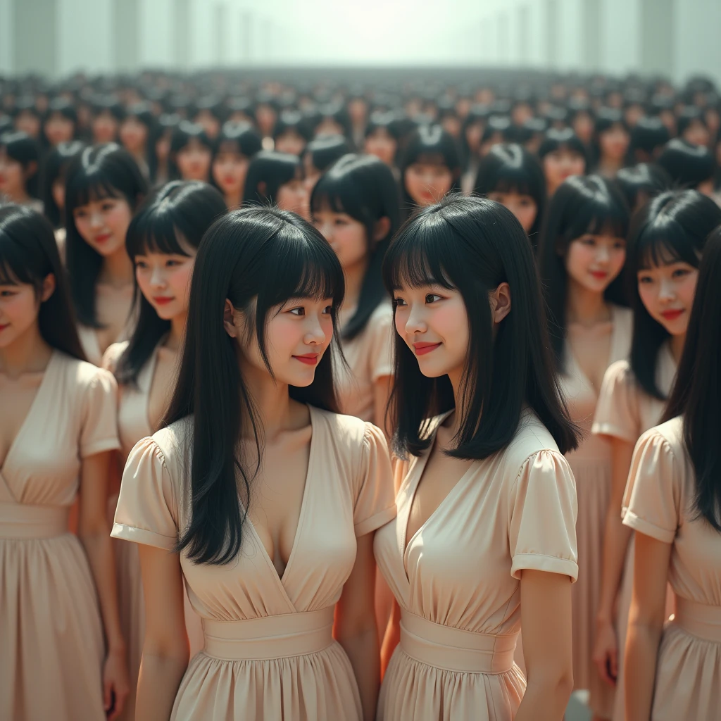 (((((Japanese Clone girls=Myself)))))), (((Best Super High quality Myself Clone girls Raw Photography Art))), (16K, Highest quality, Ultra-high resolution, RAW Photos), (((It's so unrealistic., With unparalleled depiction, With an unfathomable sight, An unprecedented and shocking worldview, Clone girls in a world of mass reproduction, Ultra-realistic))), (((Japanese, woman, 20yo, Saito-Asuka))), (Small face, ((Thick black hair, Semi-long hair))), ((V-neck short-sleeve dress)), (((((Very detailed美しい女体, Accurate body structure, Very detailed完璧な, Super busty body with very large breasts, Clearly emphasizes cleavage))))), (((Dark Eyes, Mature face, Cute Smile, A gentle gaze))), (((Her happy and smiling expression is so cute))), ((((((((Very detailed分身増殖描写, ((1girl→Myself cloning→1,000,000,000,000,000,000,000,000,000,000,000,000,000,000,000,000,000,000,000,000Myself Clone girls)))))))))), ((((((((Very detailed, The precise depiction of the proliferation of Myself Clone girls, ((With the perfectly identical bodies of Myself clone girls, With the exact same face as the Myself clone girls, With the exact same hairstyle as the Myself clone girls, In the exact same clothes as the girls who are my clones, Perfectly the same height as the Myself clone girls, Super big breasts, just like the Myself clone girls)))))))))), (((Myself clone girls only))), (((Multiple pairs, Very detailed depiction, (Myself clone girls hug each other, Myself clone girls assemble, Fun conversations with fellow Myself clone girls, A fun conversation between Myself clone girls, Myself clone girls holding hands, Walking with lots of Myself clone girls, turn around, look at me, The approaching crowd of Myself)))), (((Everyone looks at the camera))), (((Unbelievably crowded, Transcendent Myself clone girls intimately, Countless Myself clone girls surround you in 360 degrees))), (Bright, soft sunlight), (((Very wide field of view, Very detailed, Detailed ultra-perspective depiction with clear depth, super wide view))), (((((A place where multiple Myself armies join together))))), (((Very photographic and detailed depiction, Myself clone girls will multiply infinitely and fill the surroundings from one side to the horizon with their bodies tightly packed together without any gaps., A scene of endless Myself clone girls, giving a happy vibe.))), (Focus on the average value of the image)