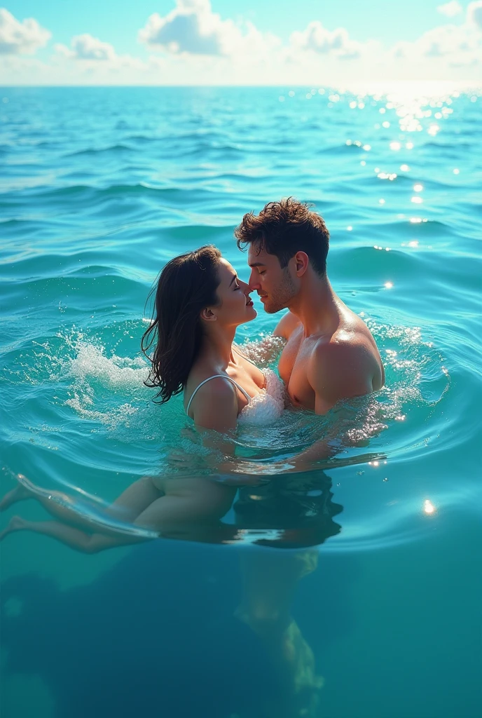 A Man Swims with His Girlfriend in the Sea
