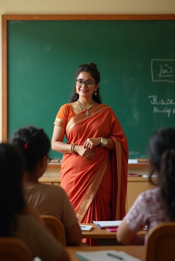  beautiful woman, standing before green board and teaching in classroom for 50 students, long tied curly hair, wearing spectacles, wearing a beautiful pleated saree and wearing big dial watch in right hand, looking little chubby and elegant, cozy classroom 
