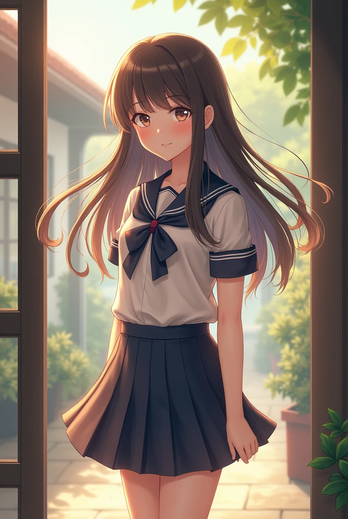 A school girl with long hair and dressing short skirt,