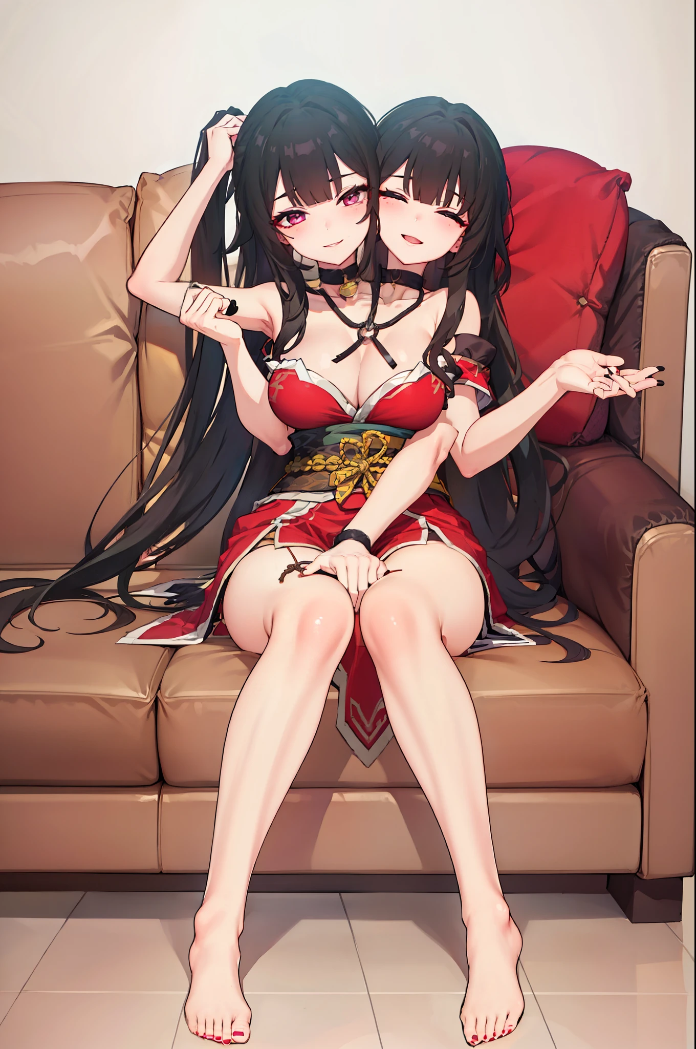 (2 heads:1.3), 1 woman, Sparks \(Honkai: Star Rail\), Twintail, hair accessories, alone, Off shoulder kimono, black nails, Mask on the head, Arms separated, choker, heart, Single gloves, Wristband, Hanging rope across, thigh strap, smileที่พอใจ, sitting on the sofa, cross your legs., cross your legs,  Look at the viewer., Barefoot, living room, Masterpiece, illustration, beautiful, 4K, 8ก,DSLR Photos, (8ก, 4K, Masterpiece),(Masterpiece, best quality), best resolution, (3 heads:1.5),Arms separated,arm circle, (Put your hands on your head....), (lower hand on ankle), (lower hand on leg), Full content in the frame, full body view, (four arms),(Multi-arm),(many hands), รูปร่างเพรียวบาง Masterpiece,best quality,best resolution,1 woman,many heads, upper body, smile,  Facing the audience,big breasts,simple background,หน้าbeautiful,ผมbeautiful,ดวงตาbeautiful,ร่างกายที่beautifulงาม,มือbeautiful,conjoined twins,kiss mouth,Kissing,stick out your tongue