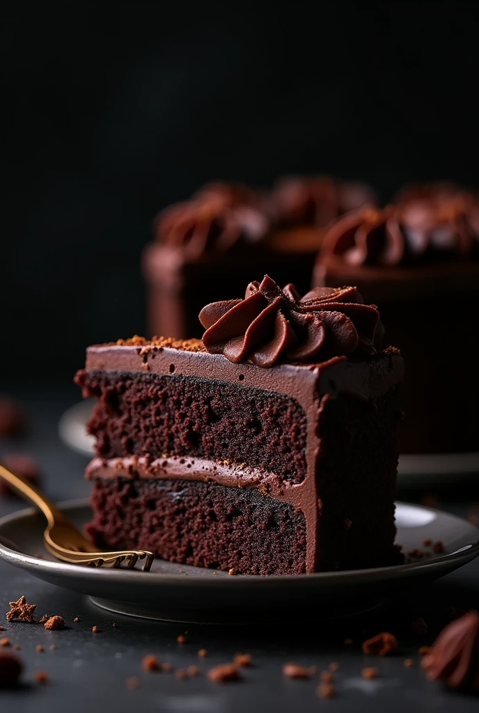 cinematic film still chocolate, chocolate cake, dark background, quality photo, moist texture, frosting, studio photo, slice . shallow depth of field, vignette, highly detailed, high budget, bokeh, cinemascope, moody, epic, gorgeous, film grain, grainy