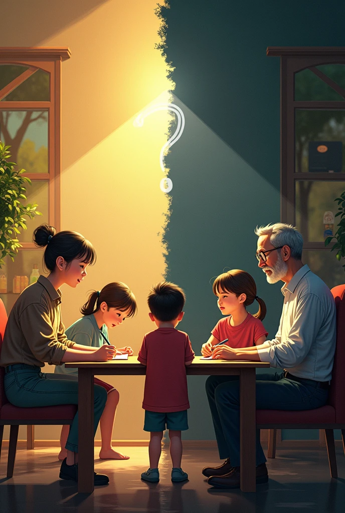 A split scene that visually contrasts two families. On one side, depict a humble, hardworking family—parents and children engaged in meaningful activities like learning or working, symbolizing contribution and progress. Their environment should be modest but full of life and purpose, with a warm, golden light indicating hope and growth.
On the other side, show a wealthy family lounging in luxury. The parents are signing papers, possibly a trust document, while their children are idle, surrounded by opulent but cold surroundings. The colors should be more subdued or muted, indicating stagnation or a lack of vitality. In the background, hint at shadows or figures representing unethical practices like fraud or embezzlement, subtly connecting them to the wealth.
In the middle, where the two scenes meet, create a sense of tension or question—perhaps a blurred line or a faint question mark—signifying the dilemma of whether wealth and legacy truly benefit society and the importance of values and ideology.