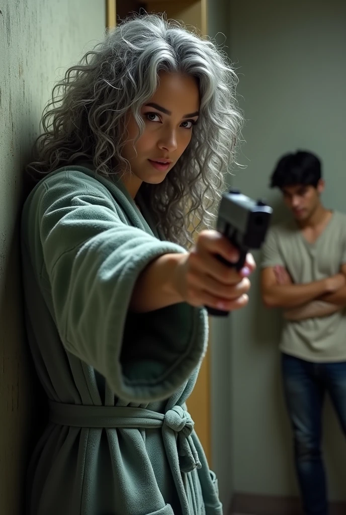 A beautiful youthful looking Filipino version of Ariana Grande as a 50 years old woman with long curly completely gray hair as the superhero Daisy Johnson from Agents of S.H.I.E.L.D wearing a bathrobe leaning on a wall hold a gun in her hands pointing a gun at another woman who is her age and her gray hair protect a young man who is her boyfriend he is behind her