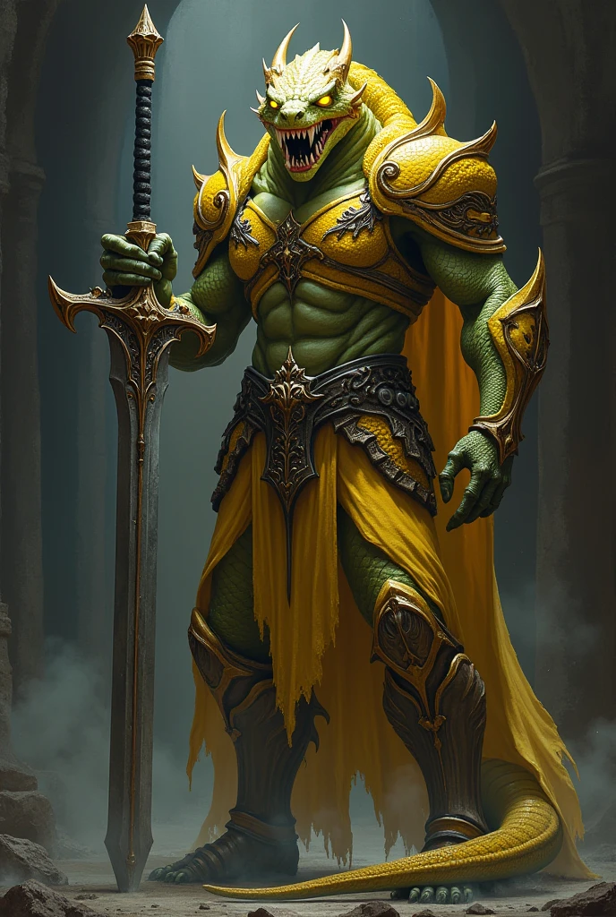 Snakeman wearing yellow armor holding big sword paladin oathbreaker yellow eyes sharp teeth