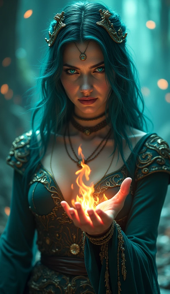 The sorceress from the series the witcher, seductive with turquoise eyes,
A flame of fire is conjured in his hand and he has a slightly scowling expression