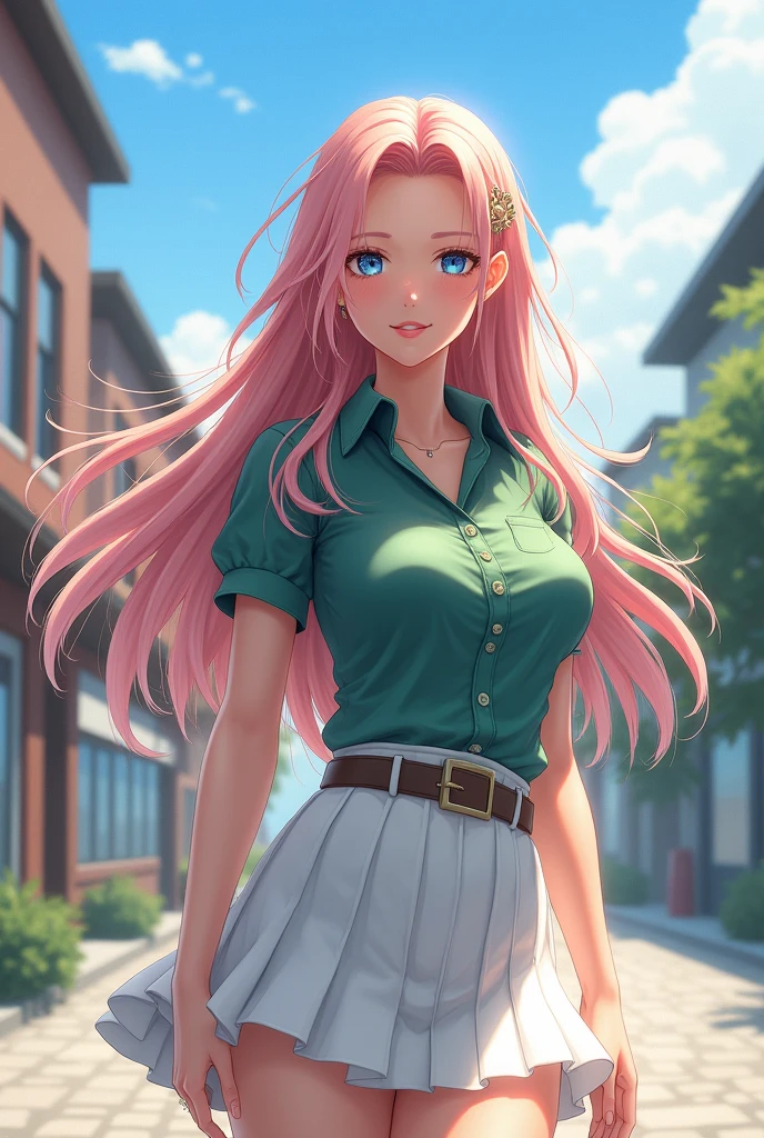 official art, masterpiece, sharp focus, (beautiful gorgeous cute woman Aerith Gainsborough:1.3), (hermosa linda Aerith Gainsborough:1.3), belleza Aerith Gainsborough, hair, delicate and beautiful eyes and face., realist, ultra detailed, beautiful girl, blue sky, bright white particle, (side lighting:1.2), sunlight, White cloud, detailed clouds, slender, Beautiful very large breasts and very large hips., smile with your teeth, ((smile with your eyes, open both eyes)), scenery, long straight hair, sexy facial expression, building, (urban landscape:1.7), hair dinámico, long straight hair, detailed platinum pink hair, bright blue eyes, (green pleated shirts + White skirt), Long white socks, Pale skin, hair ornament, epic scenery,