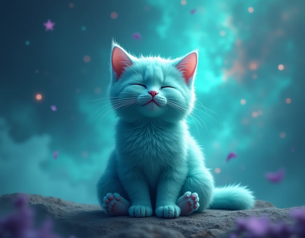 Create a super realistic cat, turquoise, fluffly, with eyes closed, he is meditating, is calm and happy, o fundo é de galaxia turquoise com roxo