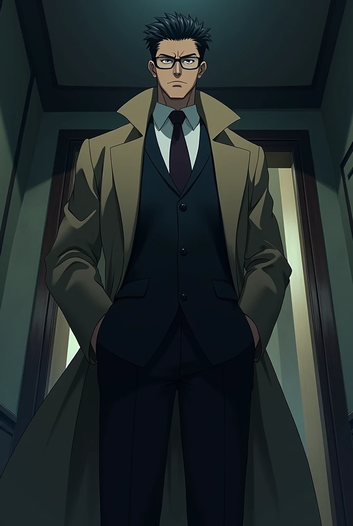 (anime) a tall man with black hair, glasses, serious and penetrating look, wearing a suit and trench coat