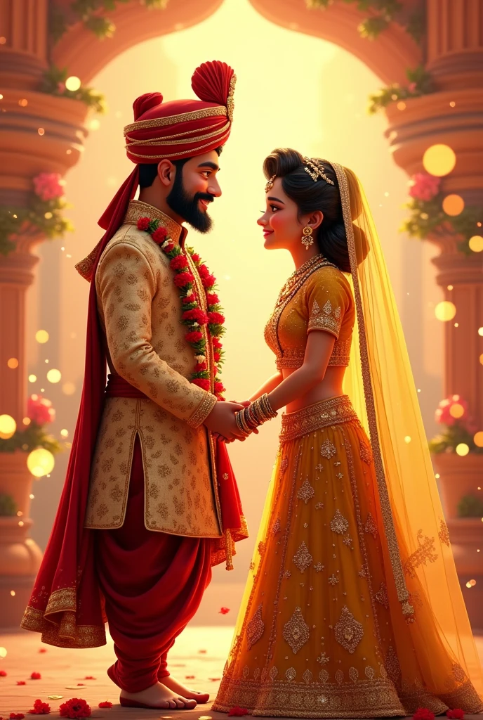 Create a Pixar image of a couple in wedding girl is wearing a golden Lehenga with heavy jewellery and viel on head. Has red lipstick Groom is wearing a heavy Sherwani and turban, both are holding hands both have white garland. Both are very very happy and in love, groom has a slight stubble. Bride has a dimple and is slightly chubby they are celebrating. They are very happy.