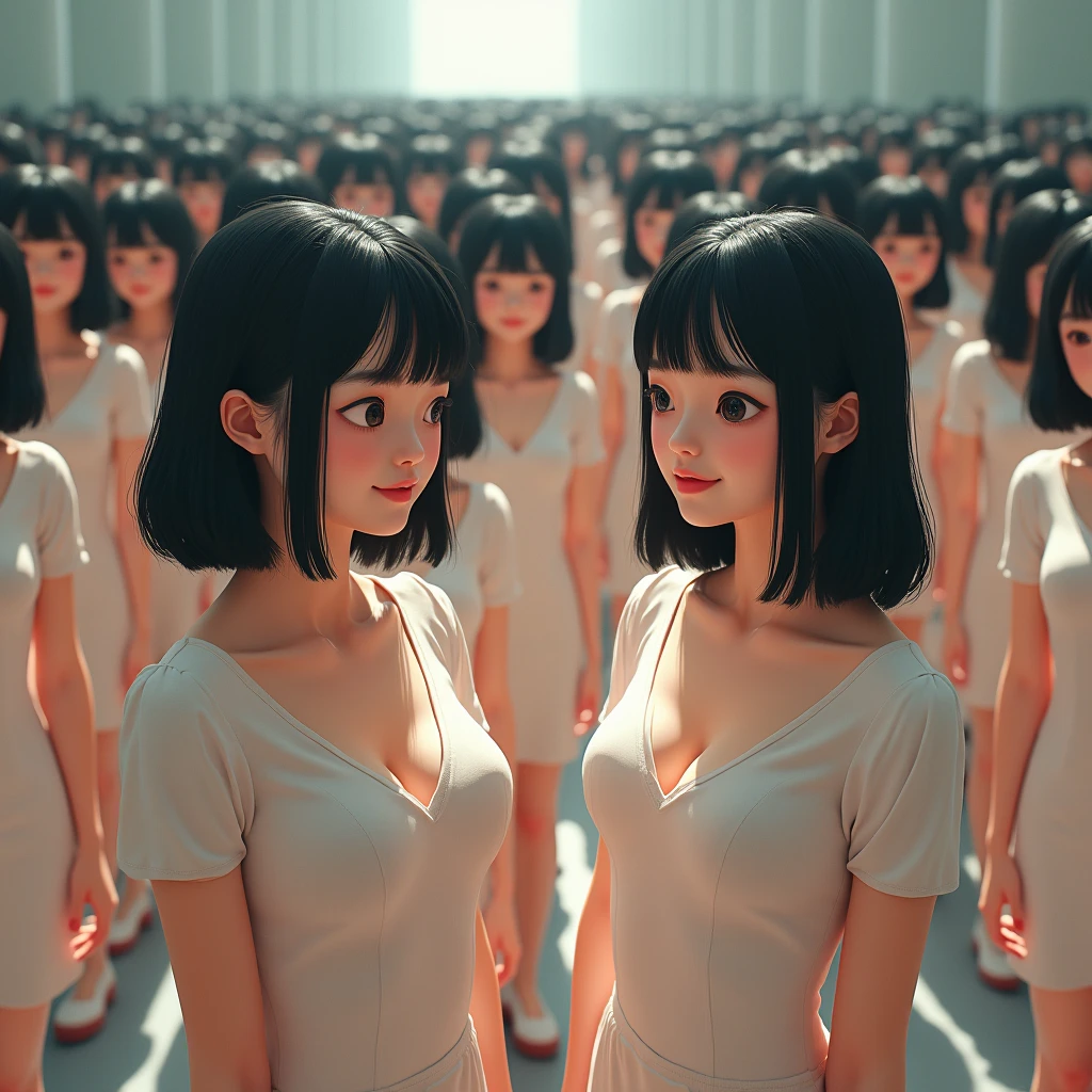 (((((Japanese Clone girls=Myself)))))), (((Best Super High quality Myself Clone girls Raw Photography Art))), (16K, Highest quality, Ultra-high resolution, RAW Photos), (((It&#39;s so unrealistic., With unparalleled depiction, With an unfathomable sight, An unprecedented and shocking worldview, Clone girls in a world of mass reproduction, Ultra-realistic))), (((Japanese, woman, 20yo, Saito-Asuka))), (Small face, ((Thick black hair, Semi-long hair))), ((V-neck short-sleeve dress)), (((((Very detailed美しい女体, Accurate body structure, Very detailed完璧な, Super busty body with very large breasts, Clearly emphasizes cleavage))))), (((Dark Eyes, Mature face, Cute Smile, A gentle gaze))), (((Her happy and smiling expression is so cute))), ((((((((Very detailed分身増殖描写, ((1girl→Myself cloning→1,000,000,000,000,000,000,000,000,000,000,000,000,000,000,000,000,000,000,000,000Myself Clone girls)))))))))), ((((((((Very detailed, The precise depiction of the proliferation of Myself Clone girls, ((With the perfectly identical bodies of Myself clone girls, With the exact same face as the Myself clone girls, With the exact same hairstyle as the Myself clone girls, In the exact same clothes as the girls who are my clones, Perfectly the same height as the Myself clone girls, Super big breasts, just like the Myself clone girls)))))))))), (((Myself clone girls only))), (((Very detailed depiction, (A group of Myself clone girls hugging each other, A large gathering of Myself clone girls, Fun conversations among crowds of Myself clone girls, A fun conversation among a crowd of Myself clone girls, Myself clone girls flirting with each other, Multiple Myself clone girls walking together in a crowd, turn around, The approaching crowd of Myself)))), (((Everyone looks at the camera))), (((Unbelievably crowded, Transcendent Myself clone girls intimately, Countless Myself clone girls surround you in 360 degrees))), (Bright, soft sunlight), (((Very wide field of view, Very detailed, Detailed ultra-perspective depiction with clear depth, super wide view))), (((((The spectacle of a huge crowd of Myself groups numbering in the tens of millions joining together.))))), (((Very photographic and detailed depiction, Myself clone girls will multiply infinitely and fill the surroundings from one side to the horizon with their bodies tightly packed together without any gaps., A scene of endless Myself clone girls, giving a happy vibe.))), (Focus on the average value of the image)