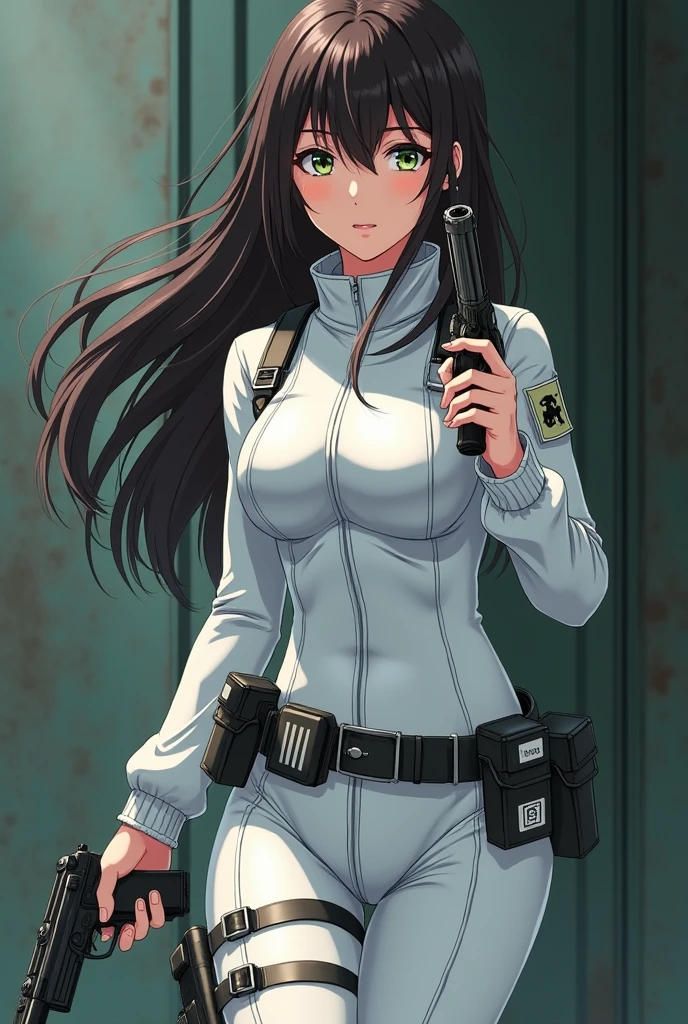Full-body. Physically attractive woman with long dark brown hair, greeneyes, wearing a white infiltration suit, a utility belt with medical equipment on it like healing pads and bandages and will be holding a revolver. she is a doctor. anime styling. Full-body