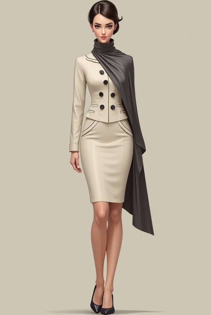 A cream-colored female flight attendant outfit with dark gray and round details and a scarf. Luxurious and minimalistic. A separate dress design is also included in the same collection.