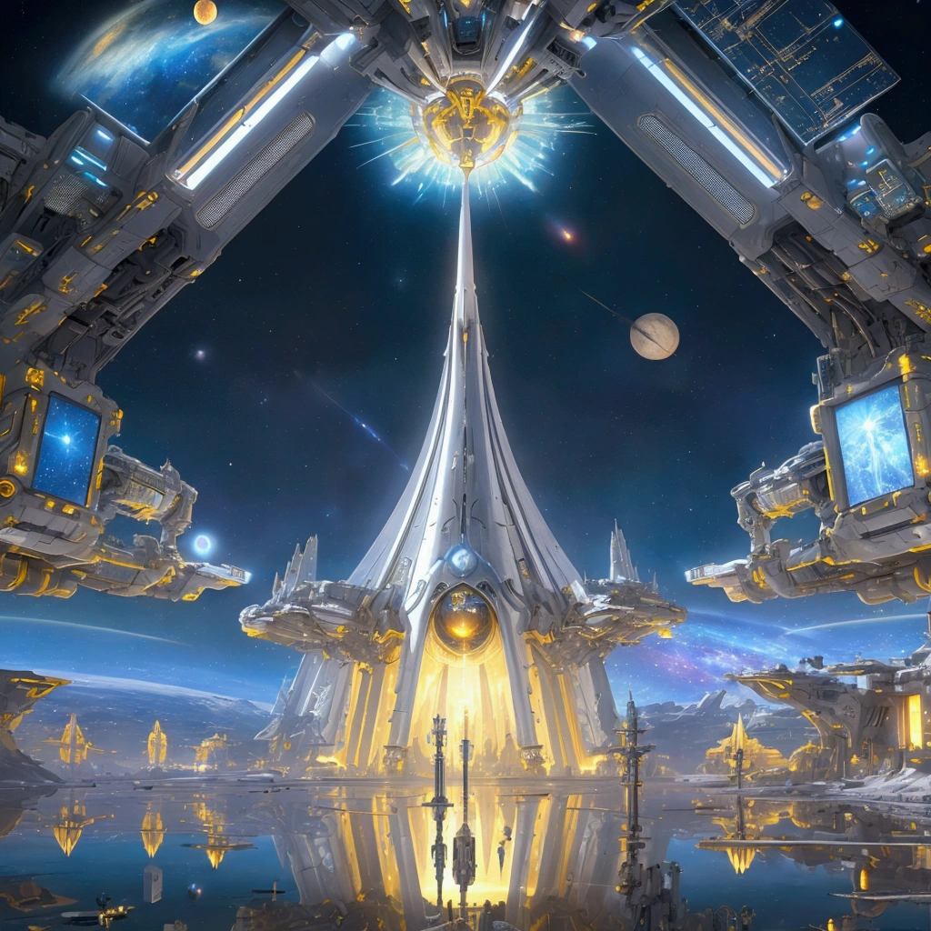 a futuristic cathedral in space, massive futuristic temple city, infinite galactic library, solar punk futuristic utopia, surreal sci-fi backdrop, 8k highly detailed conceptual art