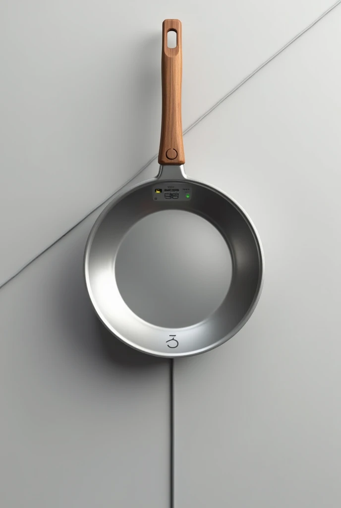 a digital frying pan that has a temperature button and a time button on the handle, wooden handle, on a gray background, with a thread