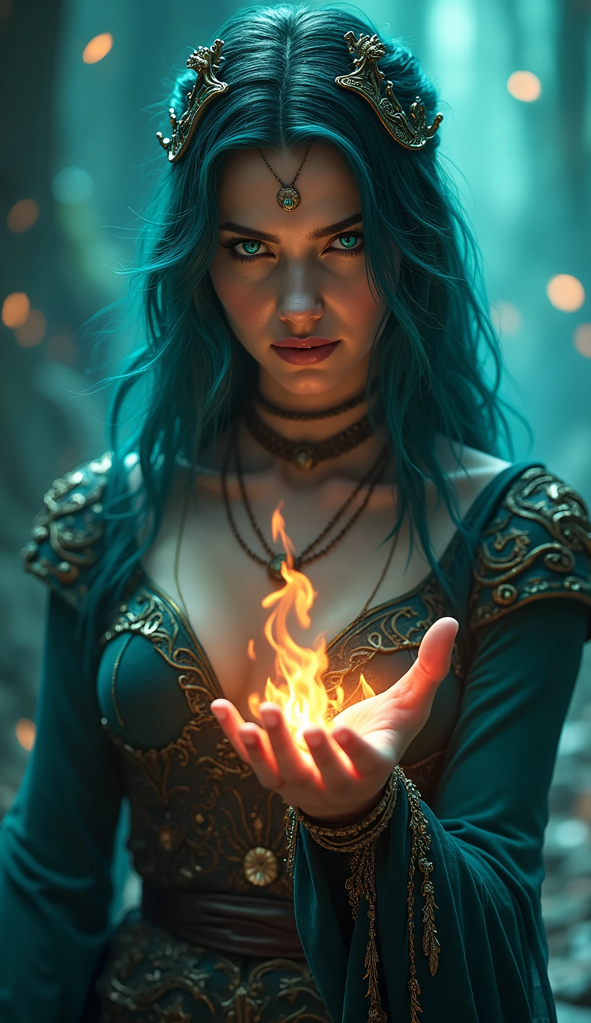 The sorceress from the series the witcher, seductive with turquoise eyes,
A flame of fire is conjured in his hand and he has a slightly scowling expression