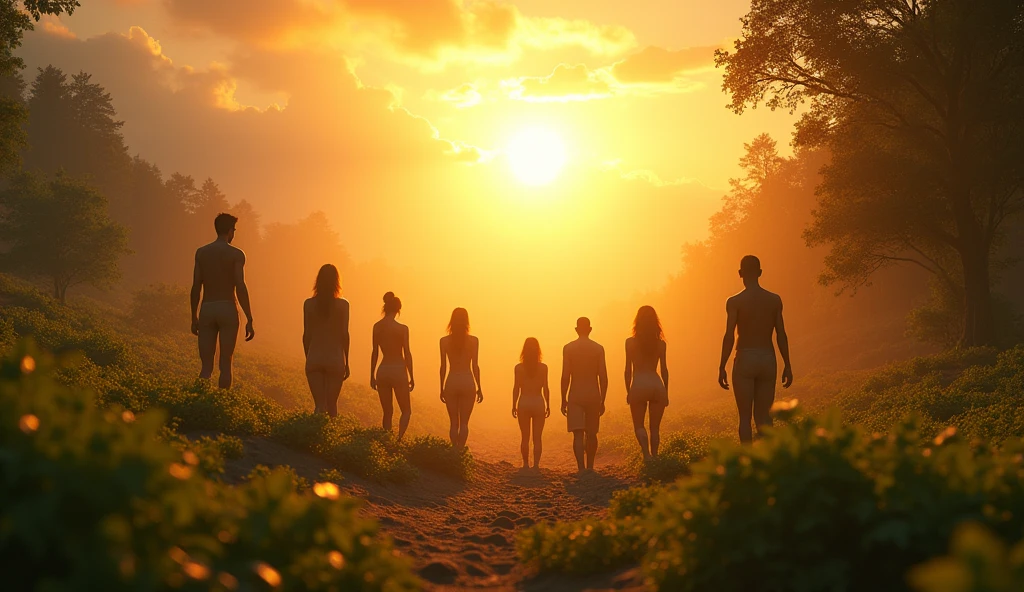 Images of a glorious morning, with sunlight shining and people emerging from the earth