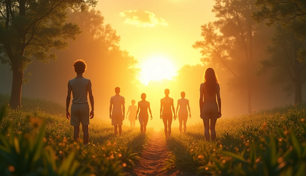 Images of a glorious morning, with sunlight shining and people emerging from the earth
