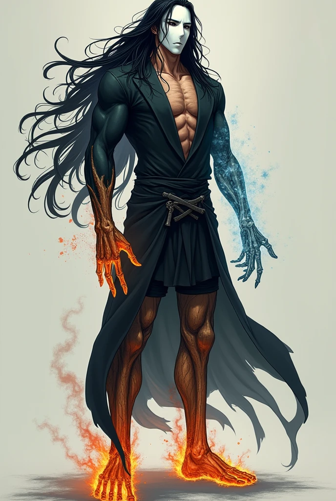 anime, 1 human man only, long black hair, standing, right wooden hand, left ice hand, right fire foot, left skeleton foot, white medieval mask
