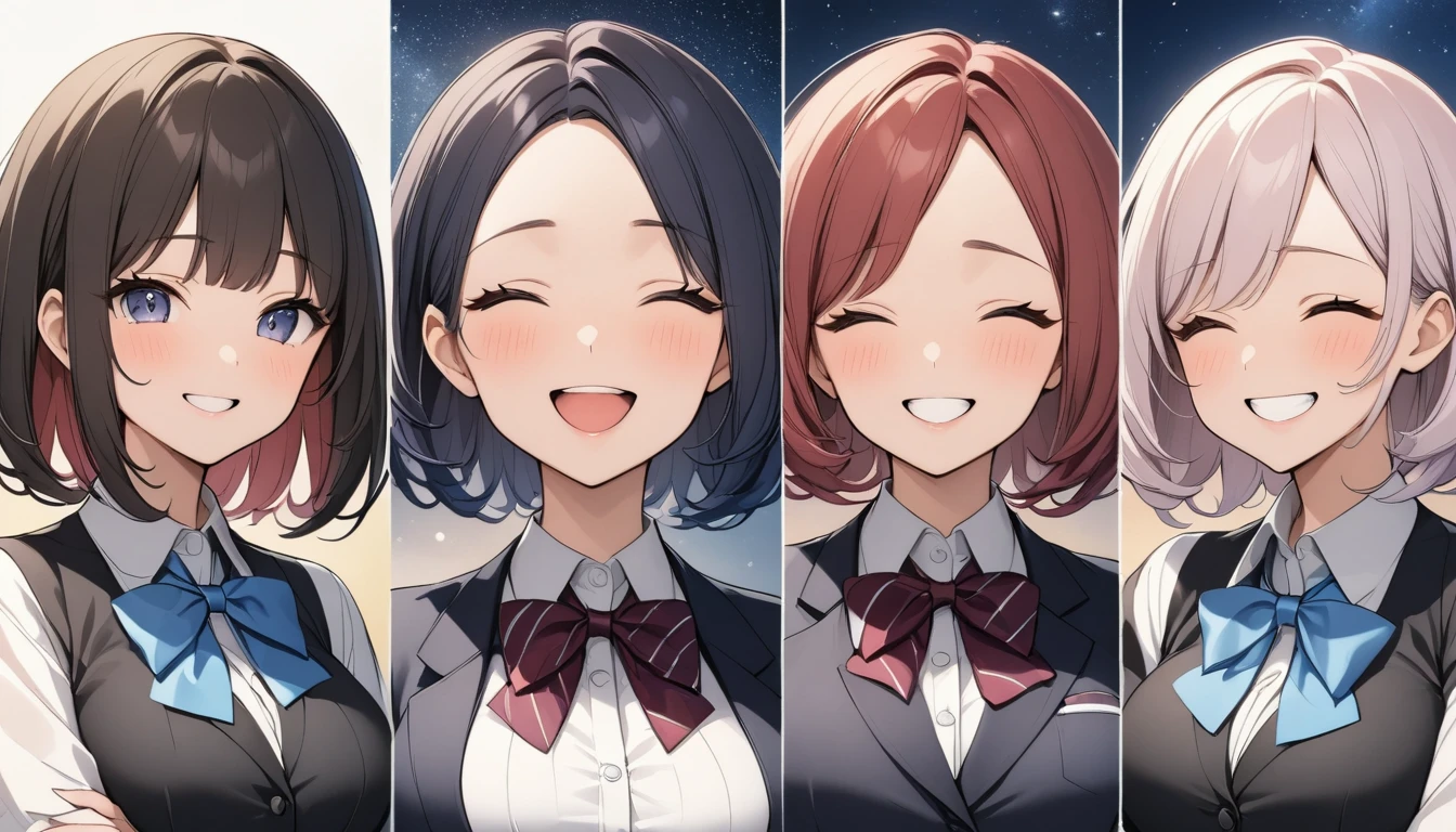 Three Women、Different hair colors、Short Hair、Large Breasts、Each one in different clothes、Wearing a bow tie、Laughing and talking、Upper Body、Starry Sky