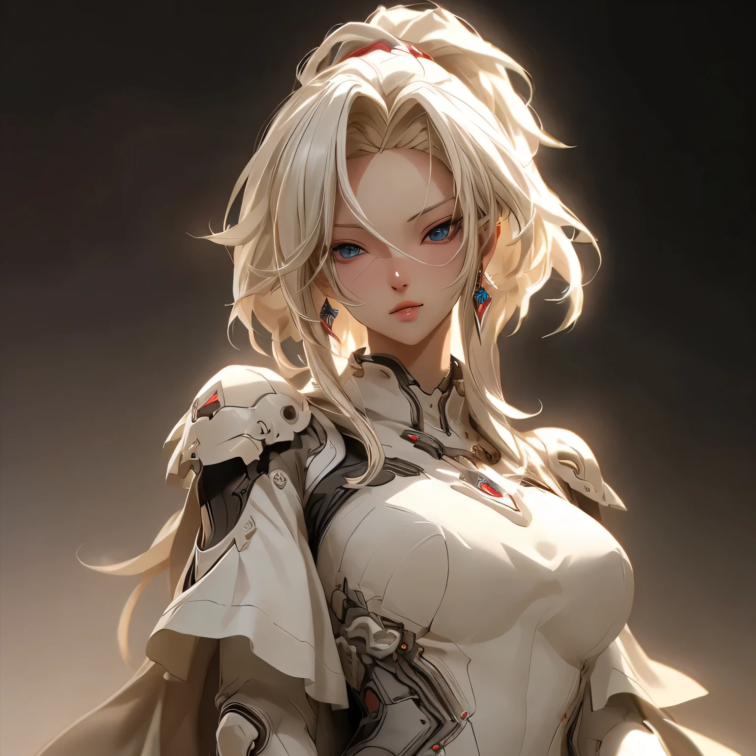 (best quality)), ((Masterpiece)), (details:1.4), 3d, HDR (high dynamic range), an image of a beautiful cyberpunk female, fantasy, Blonde hair, High ponytail, White eyes, จมูกโด่ง, ปากแดง, หน้าอกใหญ่, nvidia RTX, PBR surface, After processing, Anisotropic filtration,depth of field, Maximum clarity and clarity, multi-layered surface, Subsurface scattering, perfect proportions, 8K raw files, ultra detailed, Perfect proportions, volumetric lighting, soft lighting, Holy Paladin, Heavy Red Armor, glossy skin, chapel background, jewely, ต่างหู, นิ้วมือสมบูรณ์,