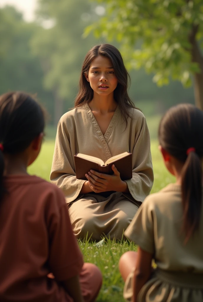 (photorealism:1.2), A young woman preaching ((sitting)) with children with Bible