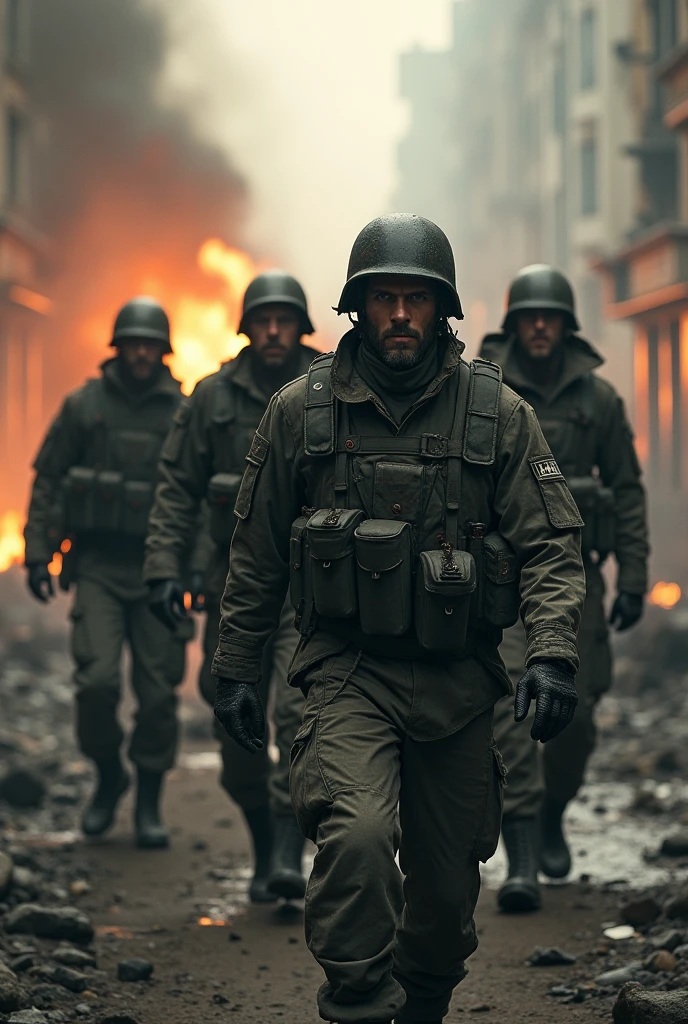 a group of 4 soldiers exiting a burning city, detailed military uniforms, smoke, flames, face zoom, rubble, apocalyptic, dystopian, dramatic lighting, gritty, cinematic, muted color palette, (best quality,4k,8k,highres,masterpiece:1.2),ultra-detailed,(realistic,photorealistic,photo-realistic:1.37)