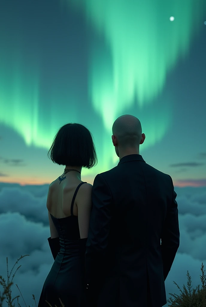 Uma Youngh linda garota de preto com cabelo curto e uma tatuagem de morcego no pescoço, next to a man, Youngh, bald and handsome watching an aurora borealis