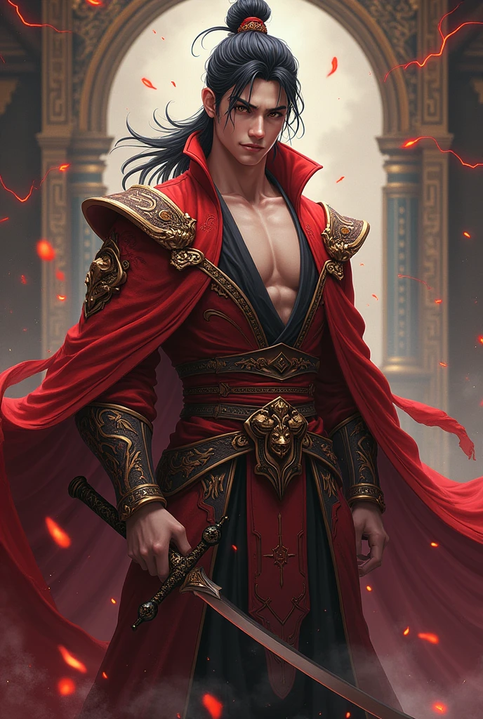 Handsom 18 years of age Dampire demi god and grand son of a dragon god also a advanced magic user prince of his country and next in line to be demon lord primary weapon is katana , dragon breath blood and lightning magic