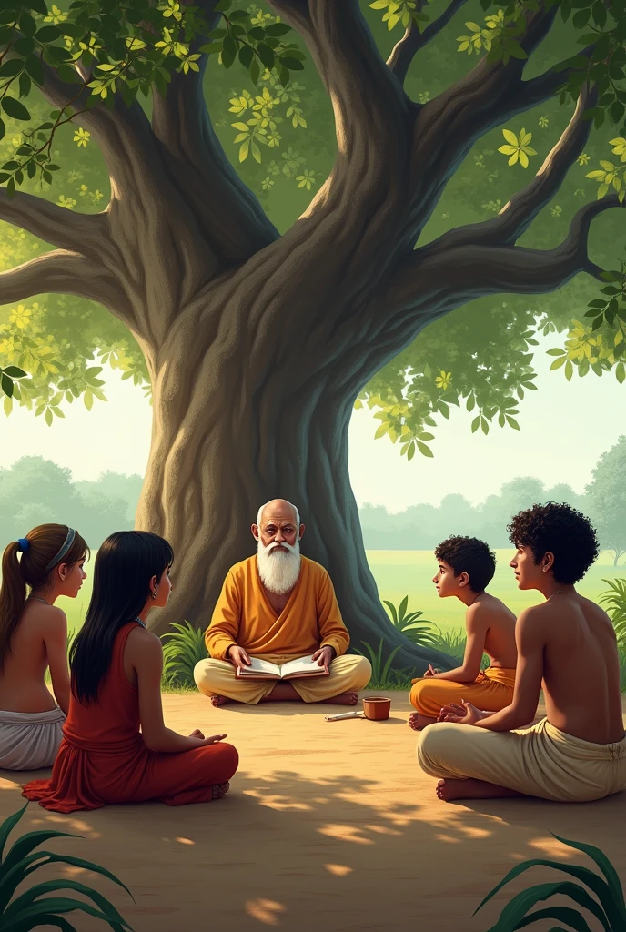 Indian gurukul students and guruji under the tree 