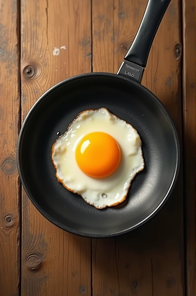 Top view of a frying pan with a fried egg on a wooden table