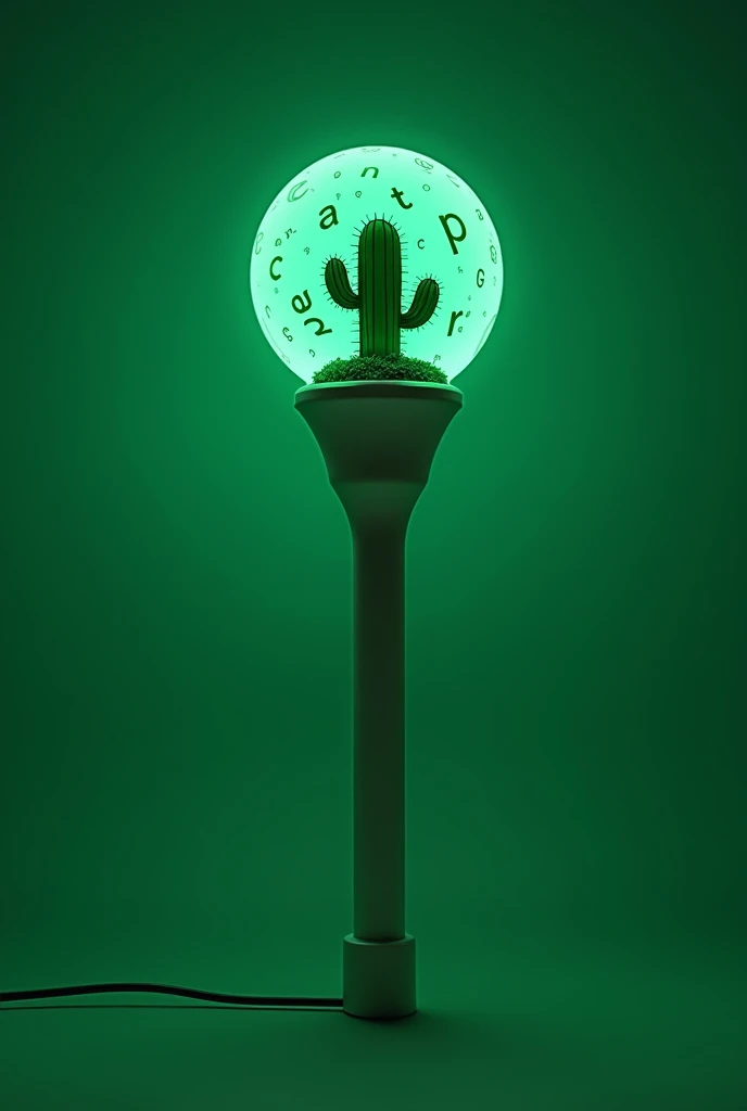 kpop lightstick. the stick is white. the size of stick is normal like other existed kpop lightstick. it has a globe with cactus (dark green) in it. in that globe also have letter c,h,a,p,t,e,r,z floating. the lightstick emits green colour from the cactus. glow in the dark