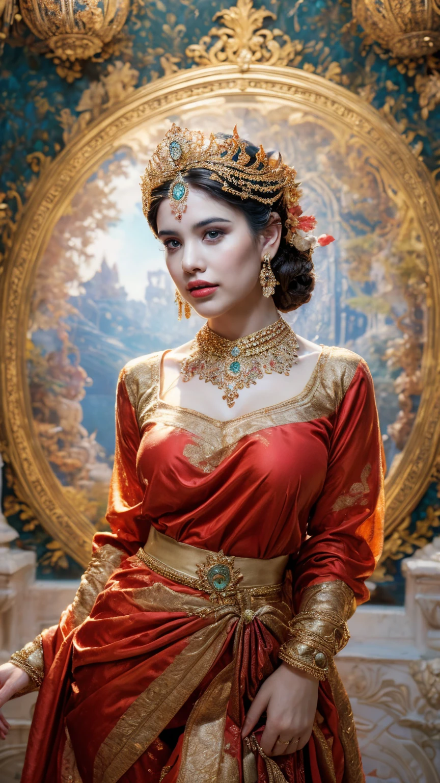 ((Best quality, 8k, Masterpiece :1.3)), Sharp focus :1.2, Generate a realistic image of a beautiful sexy Indian woman plus size body: 8.5 (masterpiece like a princess) (body like divine girl) dressed divine clothes carnation skirt and print v neck plus size giant blouse + belt, adorned with traditional ornaments, standing in a well-lit room with cinematic lighting. ((Front view, random elegant pose)), and there is a sense of grace and elegance in her posture. The background should complement the scene, enhancing the overall aesthetic appeal of the image. Photography by Brandon Woelfel, Full shot: Canon EF 16-35mm f/2.8L III USM lens on a Canon EOS 5D Mark IV camera, ultra realistic, 32k, HD
